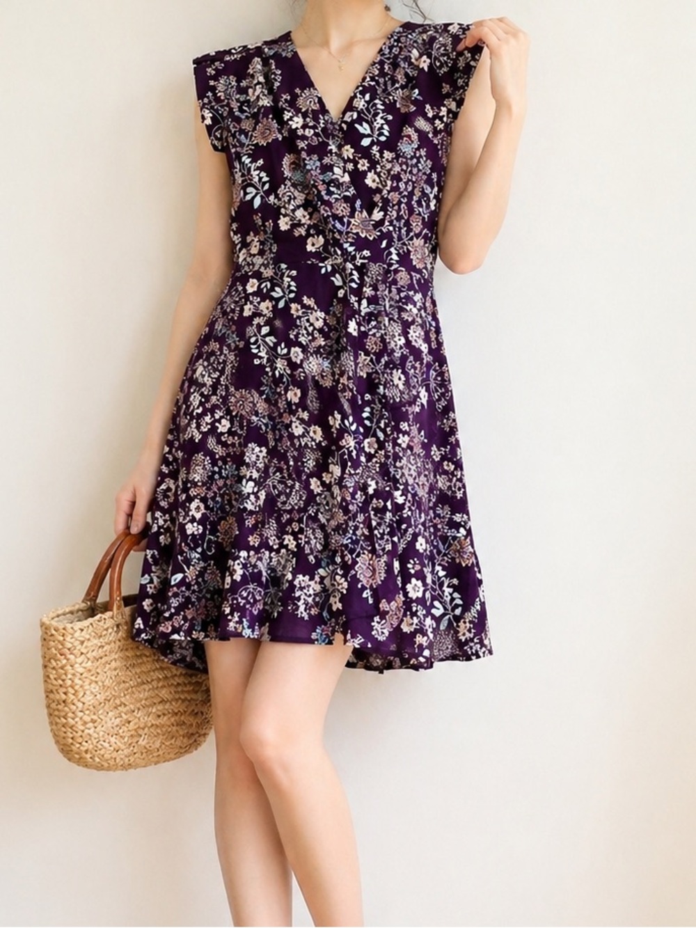 Monteau Purple Floral V-Neck Mini Dress